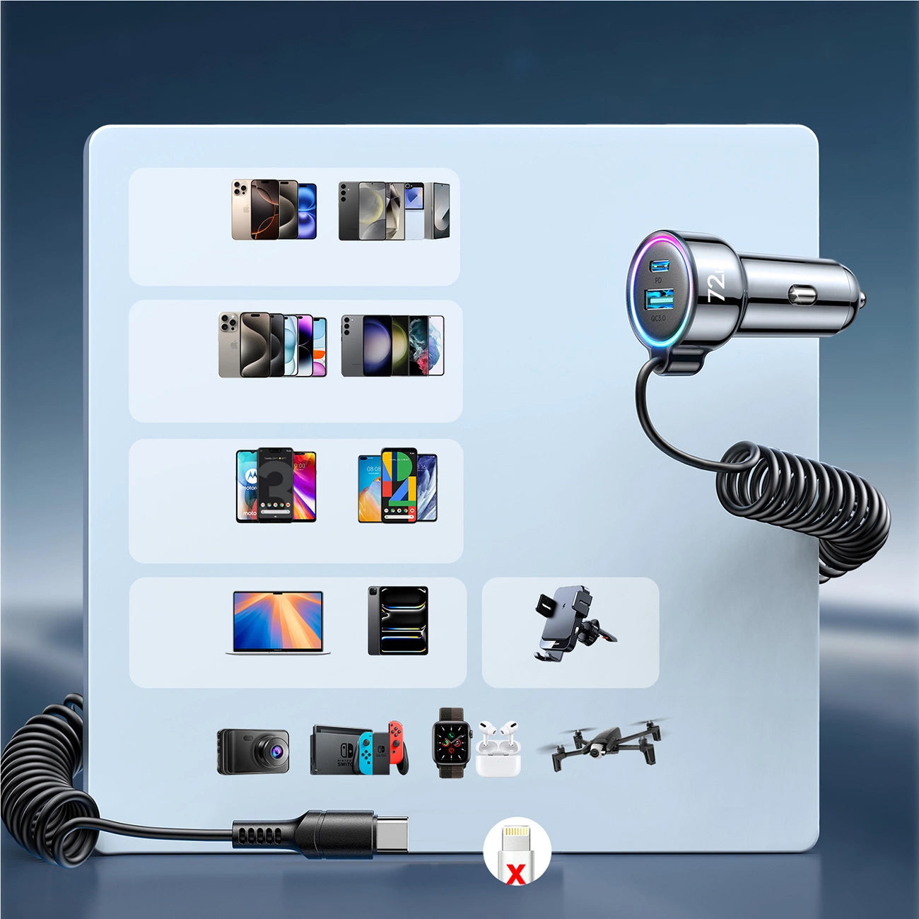 Auto-Ladegerät mit USB-C Kabel Joyroom JR-CL07, 72W, 3A, 1 x USB-A - 1 x USB-C, Schwarz