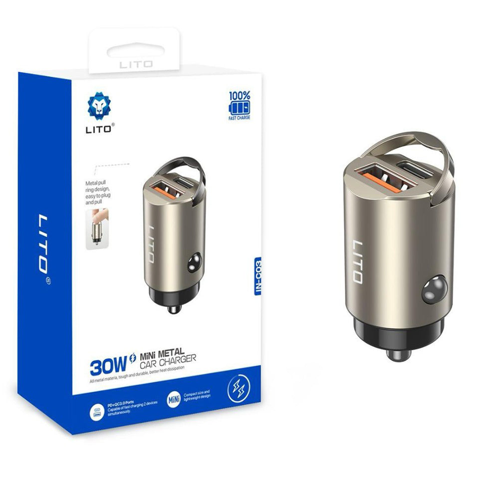 Auto-Ladegerät Lito IN-C03, 30W, 3A, 1 x USB-A - 1 x USB-C, Grau