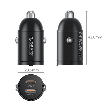 Orico MiniRing Auto-Ladegerät, 30W, 3A, 2 x USB-C, Schwarz