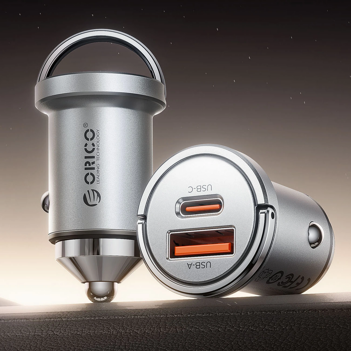Orico MiniRing Pro Car Charger, 45W, 3A, 1 x USB-A - 1 x USB-C, Silver