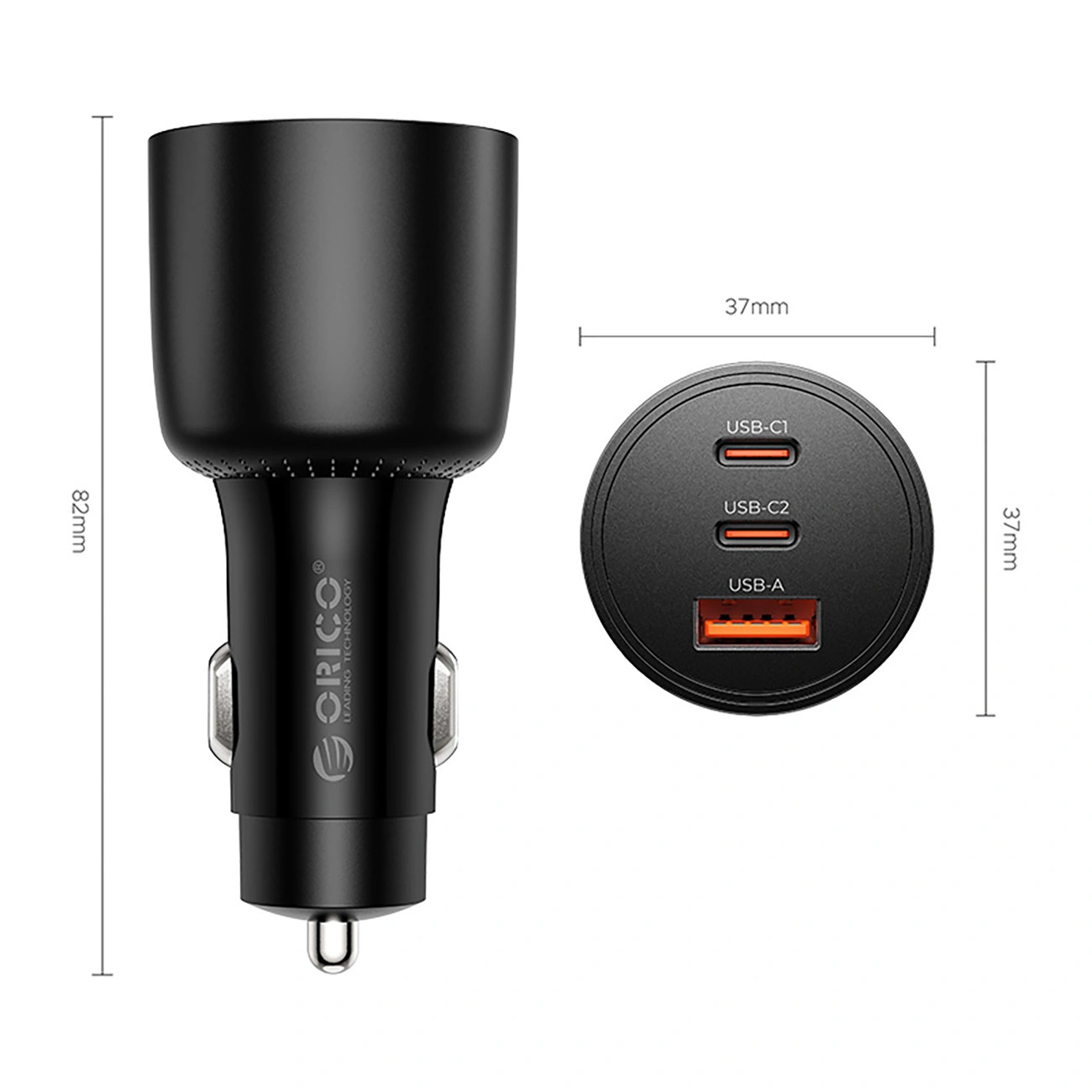 Orico PowerLink Auto-Ladegerät, 165W, 5A, 1 x USB-A - 2 x USB-C, Schwarz