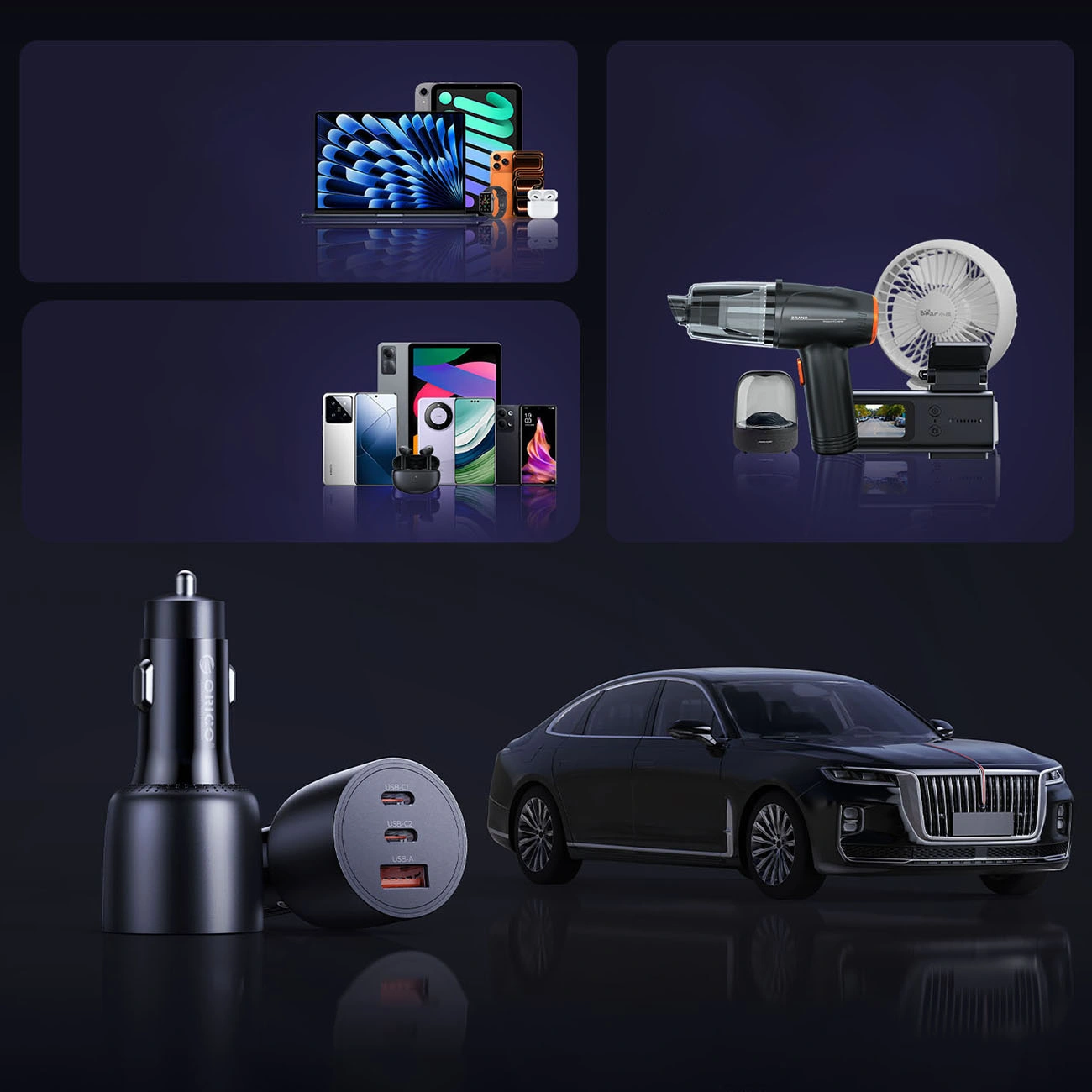 Orico PowerLink Auto-Ladegerät, 165W, 5A, 1 x USB-A - 2 x USB-C, Schwarz
