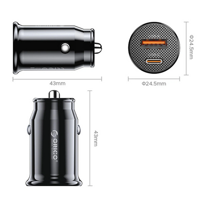 Orico PowerMini Auto-Ladegerät, 30W, 3A, 1 x USB-A - 1 x USB-C, Schwarz