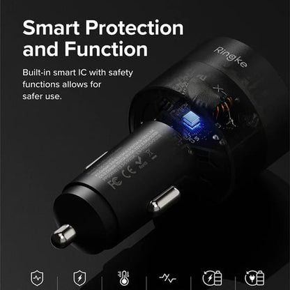 Auto-Ladegerät Ringke, 30W, 3A, 1 x USB-A - 2 x USB-C, Schwarz