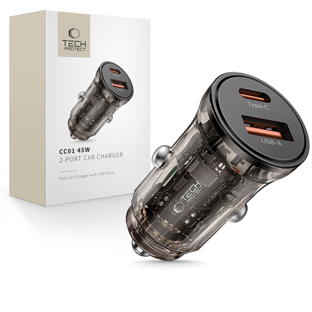 Auto-Ladegerät Tech-Protect CC01, 45W, 5A, 1 x USB-A - 1 x USB-C, Schwarz