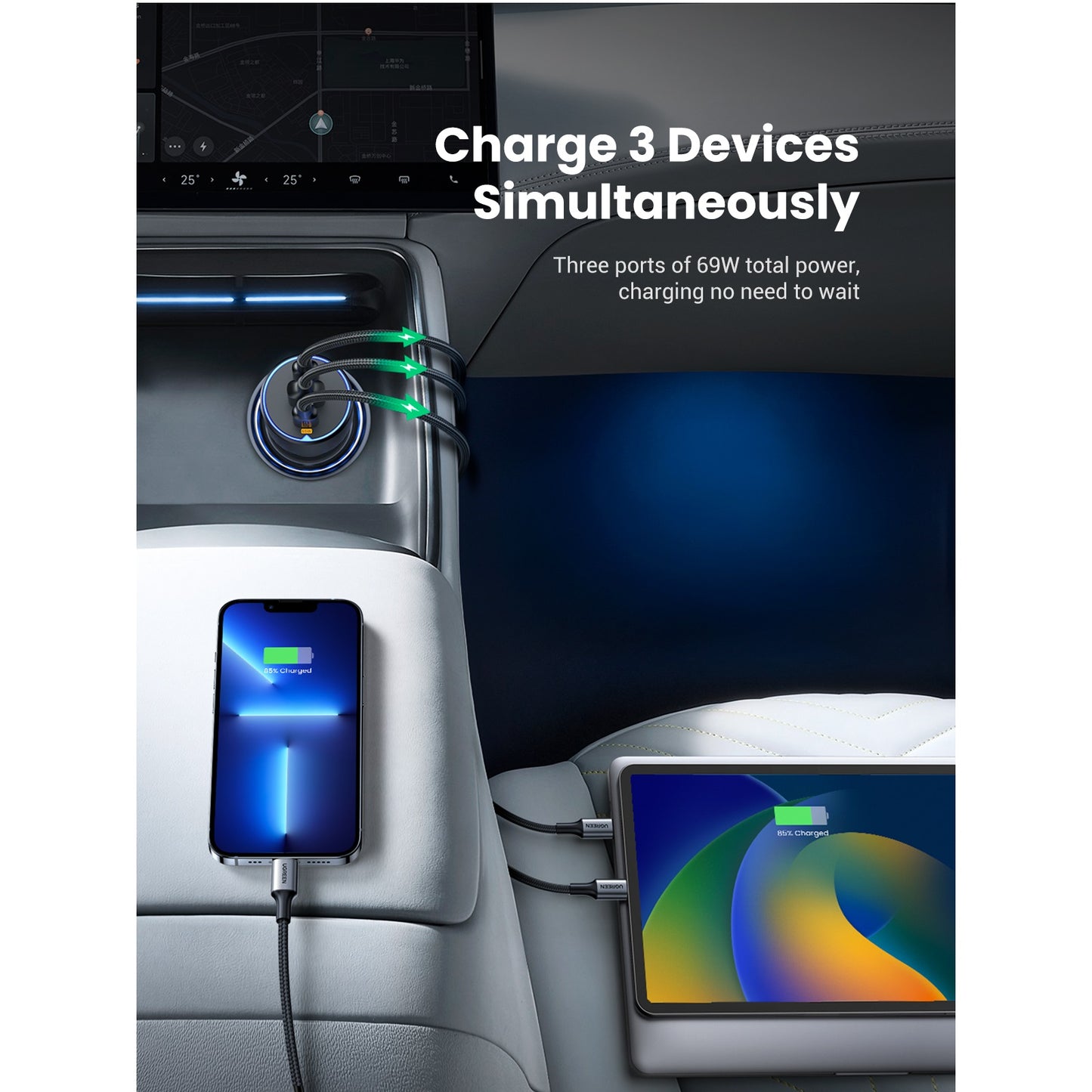 Autoladegerät UGREEN EC703, 75W, 3,25A, 1 x USB-A - 2 x USB-C, Schwarz 