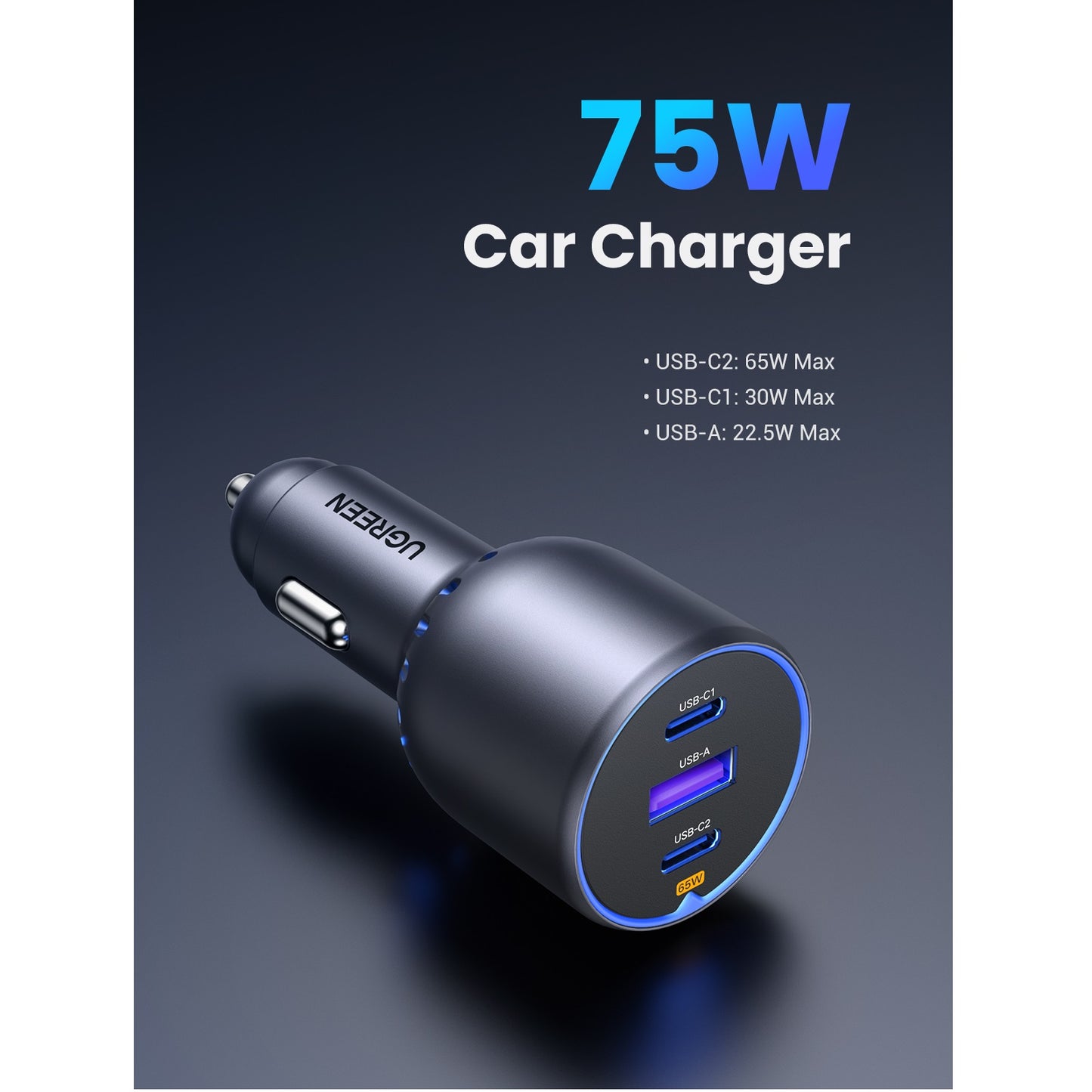 Autoladegerät UGREEN EC703, 75W, 3,25A, 1 x USB-A - 2 x USB-C, Schwarz 