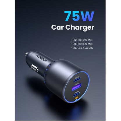 Autoladegerät UGREEN EC703, 75W, 3,25A, 1 x USB-A - 2 x USB-C, Schwarz 
