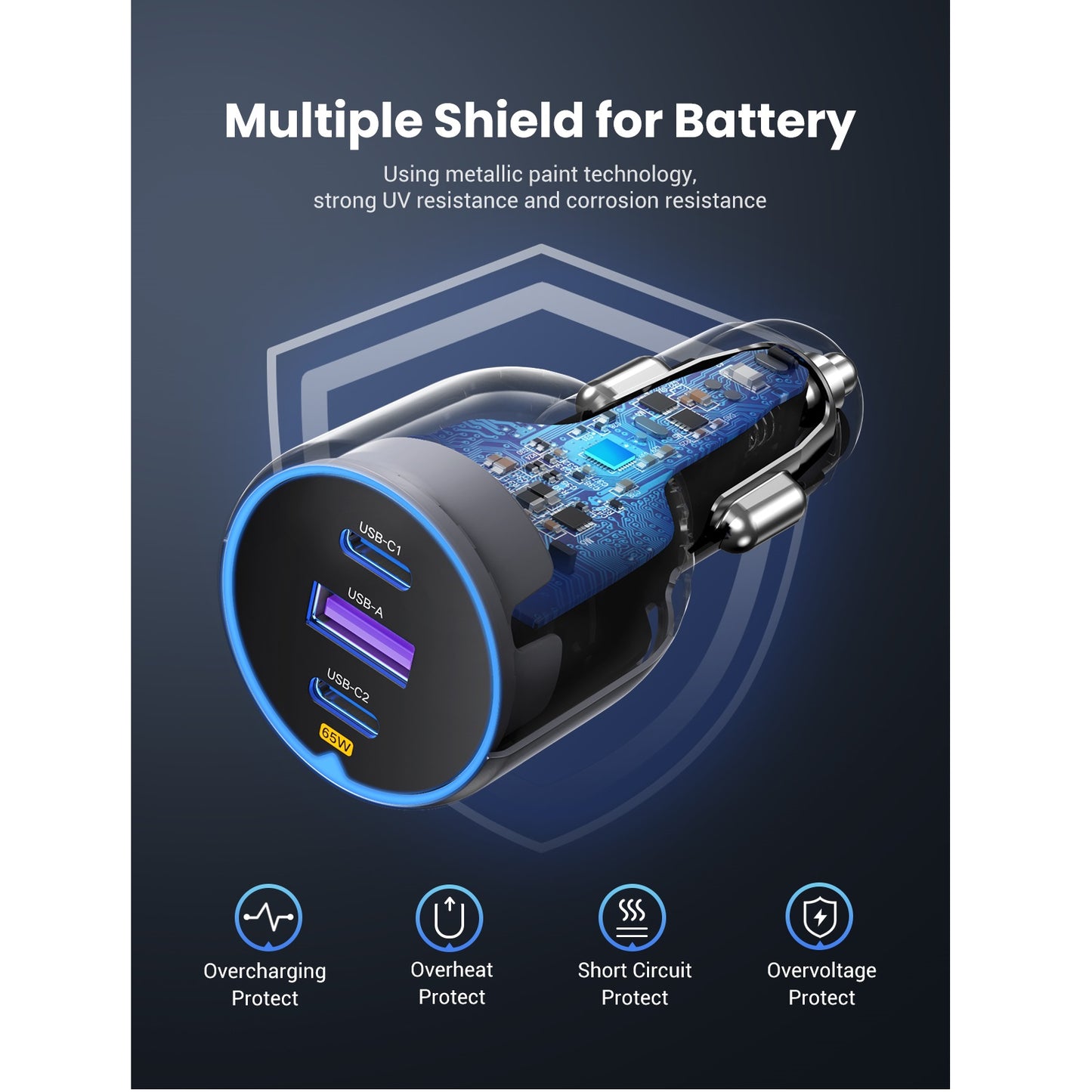 Autoladegerät UGREEN EC703, 75W, 3,25A, 1 x USB-A - 2 x USB-C, Schwarz 