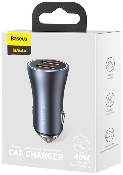 Baseus Golden Contactor Pro Dual Car Charger, 40W, 3A, 2 x USB-A, Gray CCJD-A0G