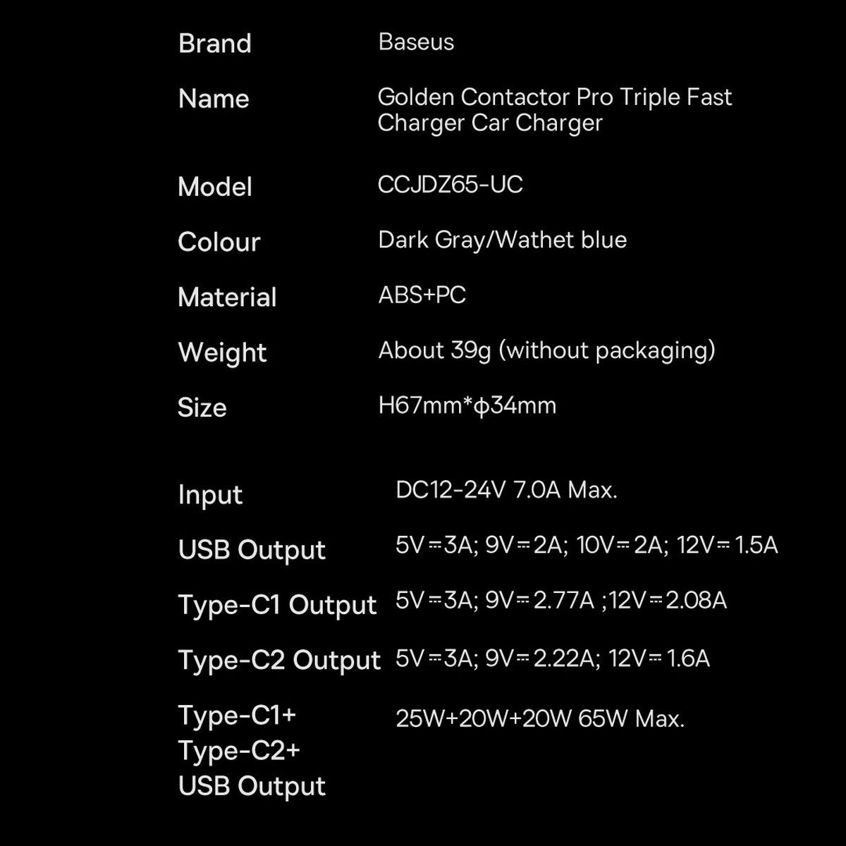 Baseus Golden Contactor Pro Autoladegerät, 65 W, 3 A, 1 x USB-A – 2 x USB-C, Grau CGJP010013