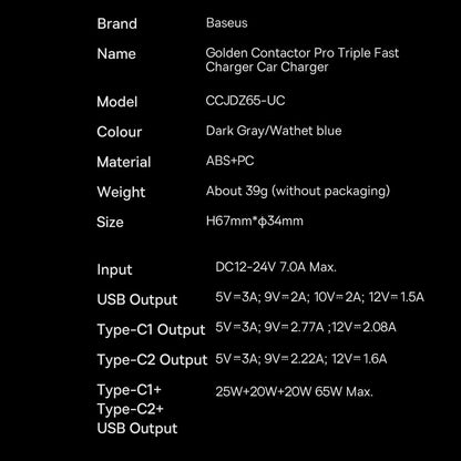 Baseus Golden Contactor Pro Autoladegerät, 65 W, 3 A, 1 x USB-A – 2 x USB-C, Grau CGJP010013