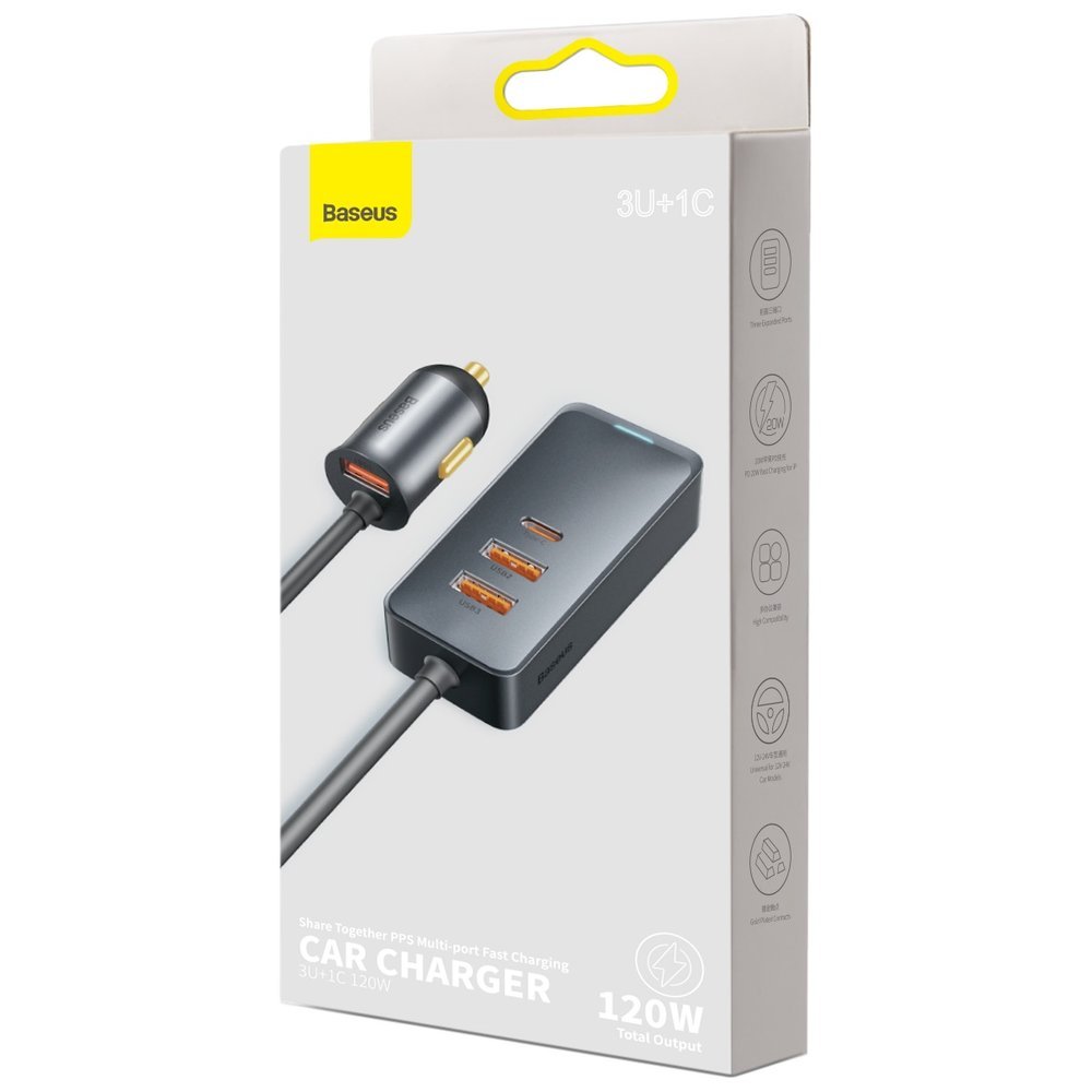 Baseus Share Together Autoladegerät, 120 W, 3 A, 3 x USB-A – 1 x USB-C, Grau CCBT-B0G