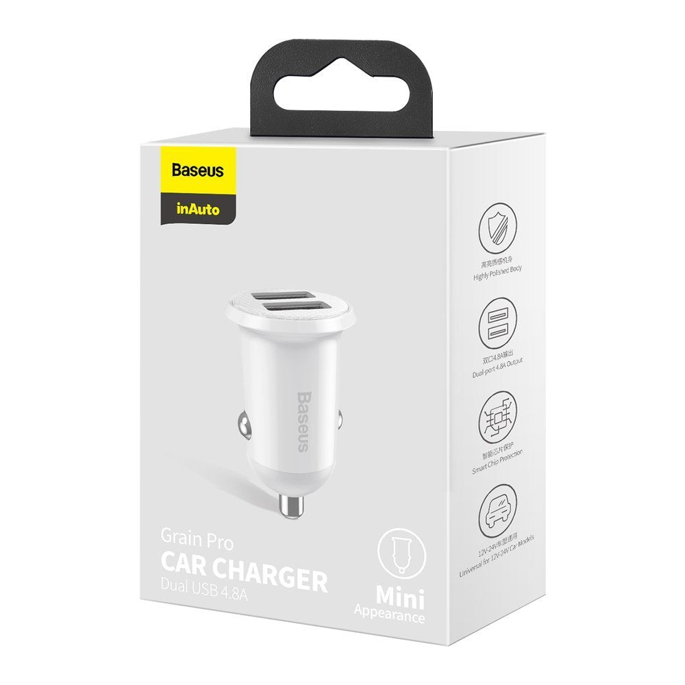 Baseus Grain Pro Car Charger, 24W, 2.4A, 2 x USB-A, White CCALLP-02