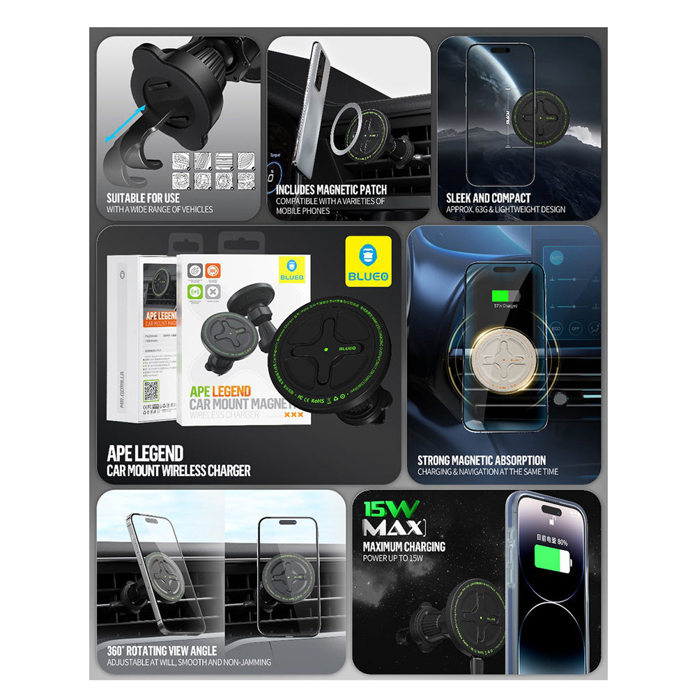 Auto Wireless-Ladegerät Blueo Ape Legend, 15W, 1.67A, Schwarz