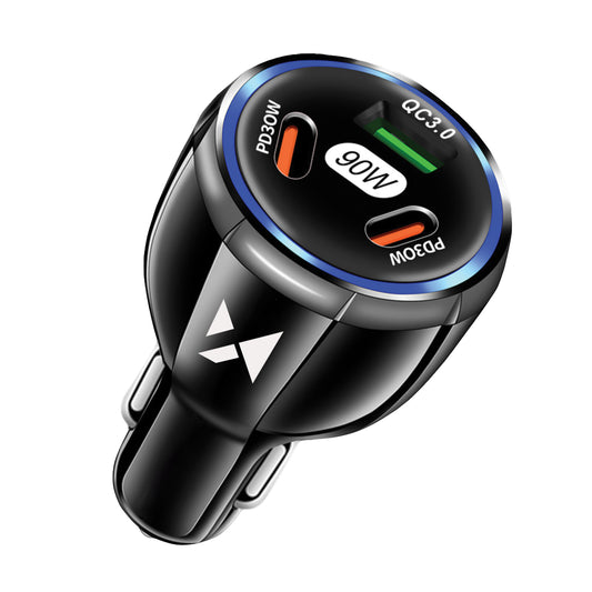 Car Charger WZK WCCCA, 90W, 3A, 1 x USB-A - 2 x USB-C, Black 