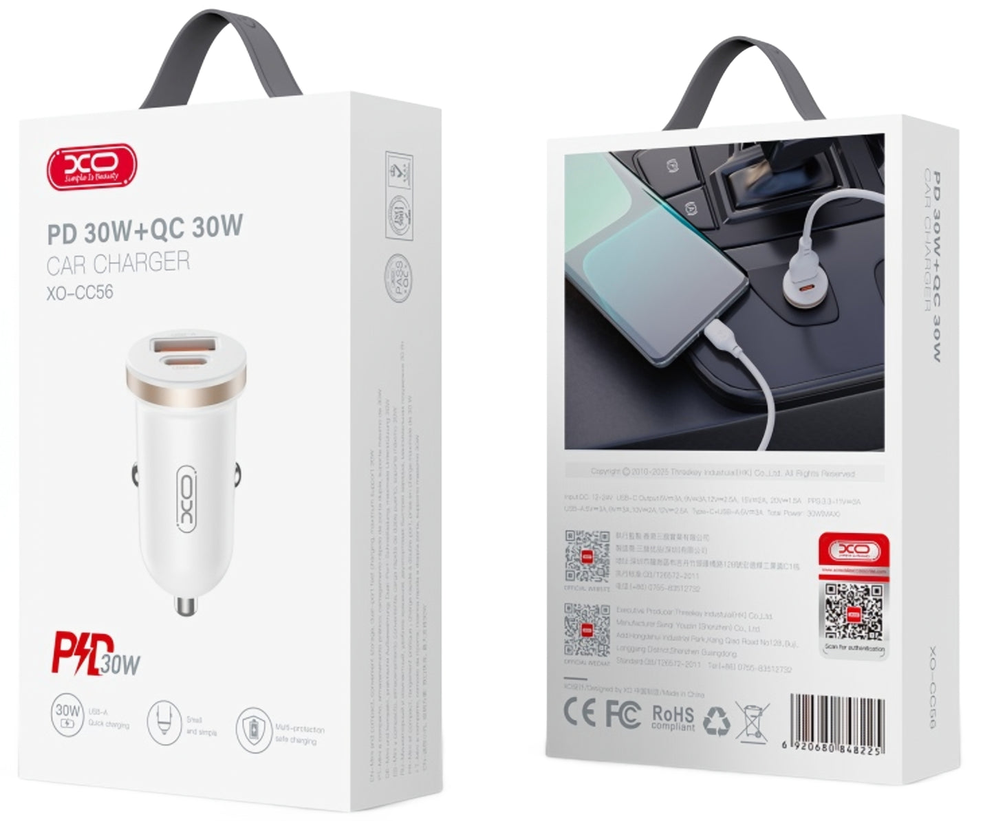Auto-Ladegerät XO Design CC56, 30W, 3A, 1 x USB-A - 1 x USB-C, Weiß