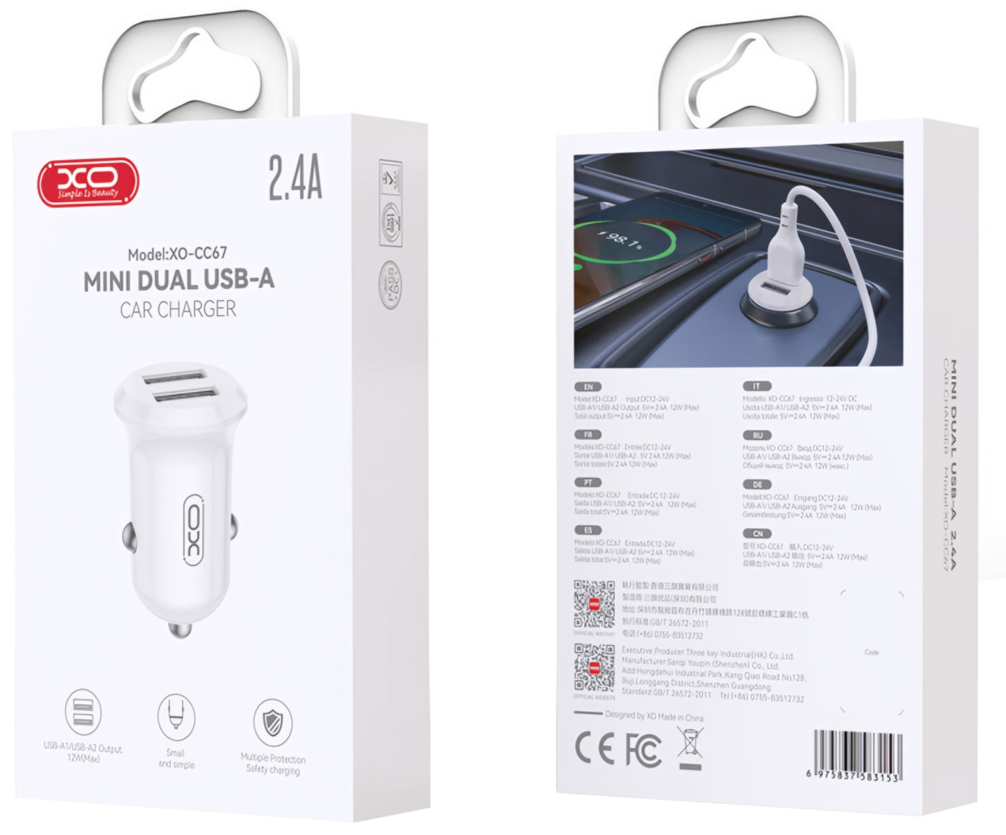 Auto-Ladegerät XO Design CC67, 12W, 2.4A, 2 x USB-A, Weiß