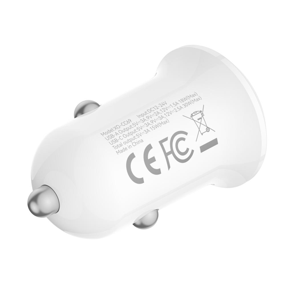 Auto-Ladegerät XO Design CC69, 30W, 3A, 1 x USB-A - 1 x USB-C, Weiß