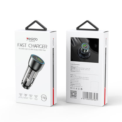 Yesido Y49 Car Charger, 30W, 3A, 1 x USB-A - 1 x USB-C, Grey