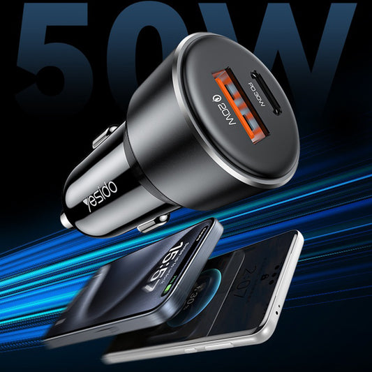Auto-Ladegerät Yesido Y64, 50W, 3A, 1 x USB-A - 1 x USB-C, Schwarz