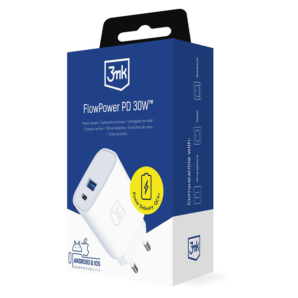 3MK FlowPower Netzladegerät, 30W, 1 x USB-A - 1 x USB-C, Weiß