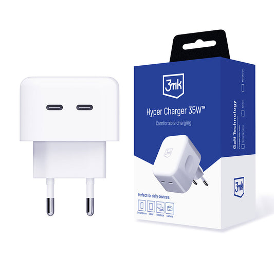 3MK HyperCharger Netzwerkladegerät, 35 W, 3 A, 2 x USB-C, Weiß