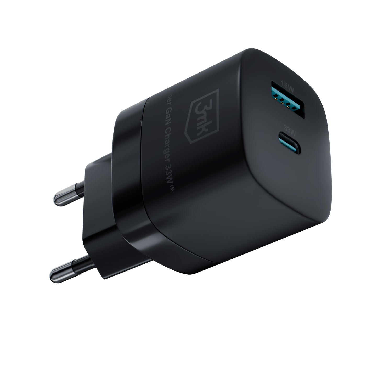 3MK HyperCharger GaN Netzwerk-Ladegerät, 33 W, 3 A, 1 x USB-A – 1 x USB-C, Schwarz