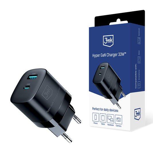 Netzwerk-Ladegerät 3MK HyperCharger GaN, 33W, 3A, 1 x USB-A - 1 x USB-C, Schwarz 