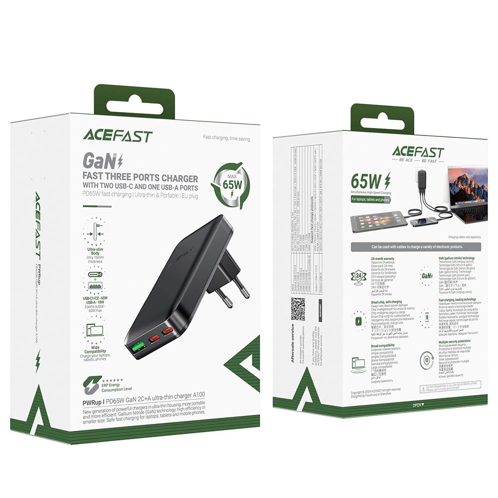 Netzladegerät Acefast A100, 65W, 3.25A, 1 x USB-A - 2 x USB-C, Schwarz
