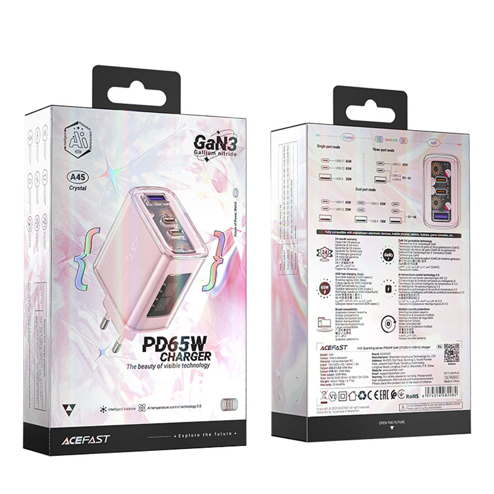 Netzladegerät Acefast A45 Exploration, 65W, 3.25A, 1 x USB-A - 2 x USB-C, Rosa