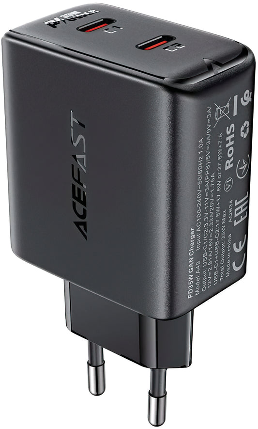 Netzwerk-Ladegerät Acefast A49, 35W, 3A, 2 x USB-C, Schwarz 