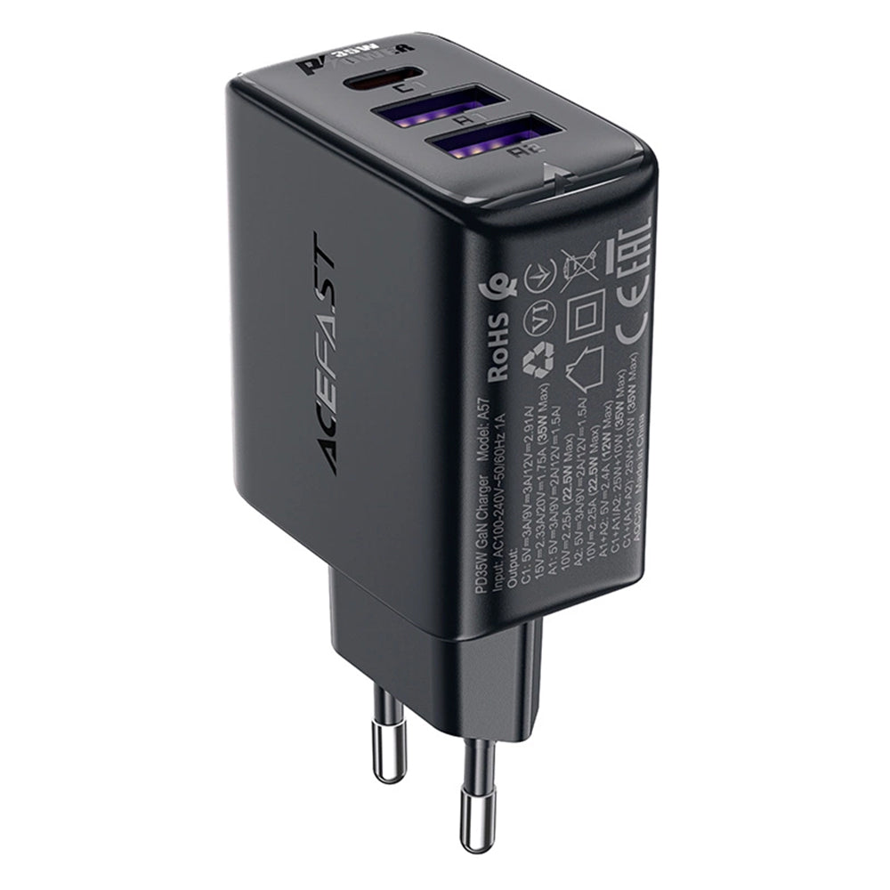 Netzladegerät Acefast A57, 35W, 3A, 2 x USB-A - 1 x USB-C, Schwarz