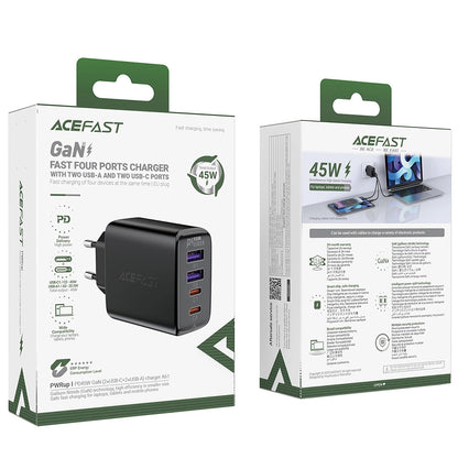 Acefast A61 Network Charger, 45W, 3A, 2 x USB-A - 2 x USB-C, Black