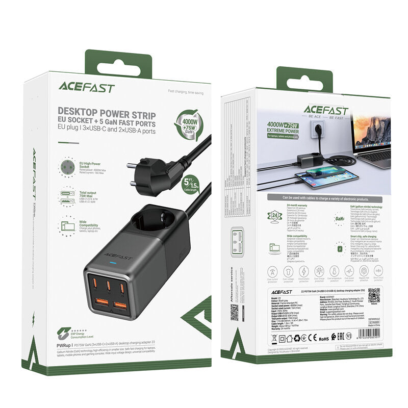 Acefast Z2 GaN-Netzwerkladegerät, 4000 W, 5 A, 1 x Schuko – 2 x USB-A – 3 x USB-C, Grau