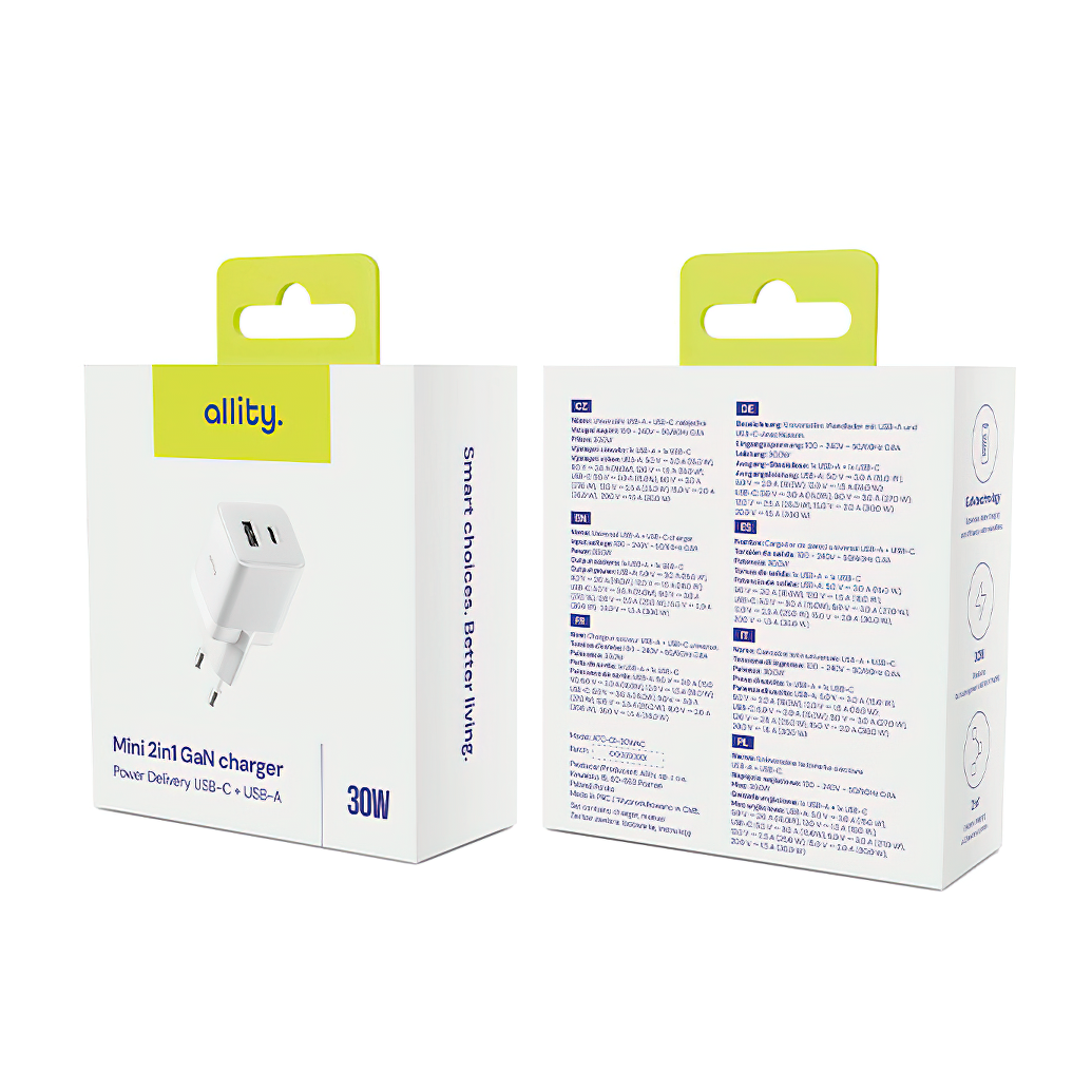 Netzladegerät Allity. ATC-01-30WAC Mini, 30W, 3A, 1 x USB-A - 1 x USB-C, Weiß
