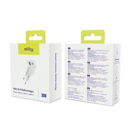 Netzladegerät Allity. ATC-01-30WAC Mini, 30W, 3A, 1 x USB-A - 1 x USB-C, Weiß