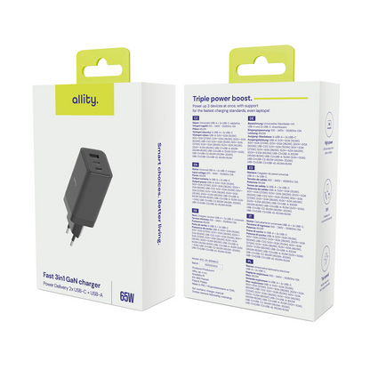 Netzladegerät Allity. ATC-01-65WACC Fast, 65W, 3.25A, 1 x USB-A - 2 x USB-C, Schwarz