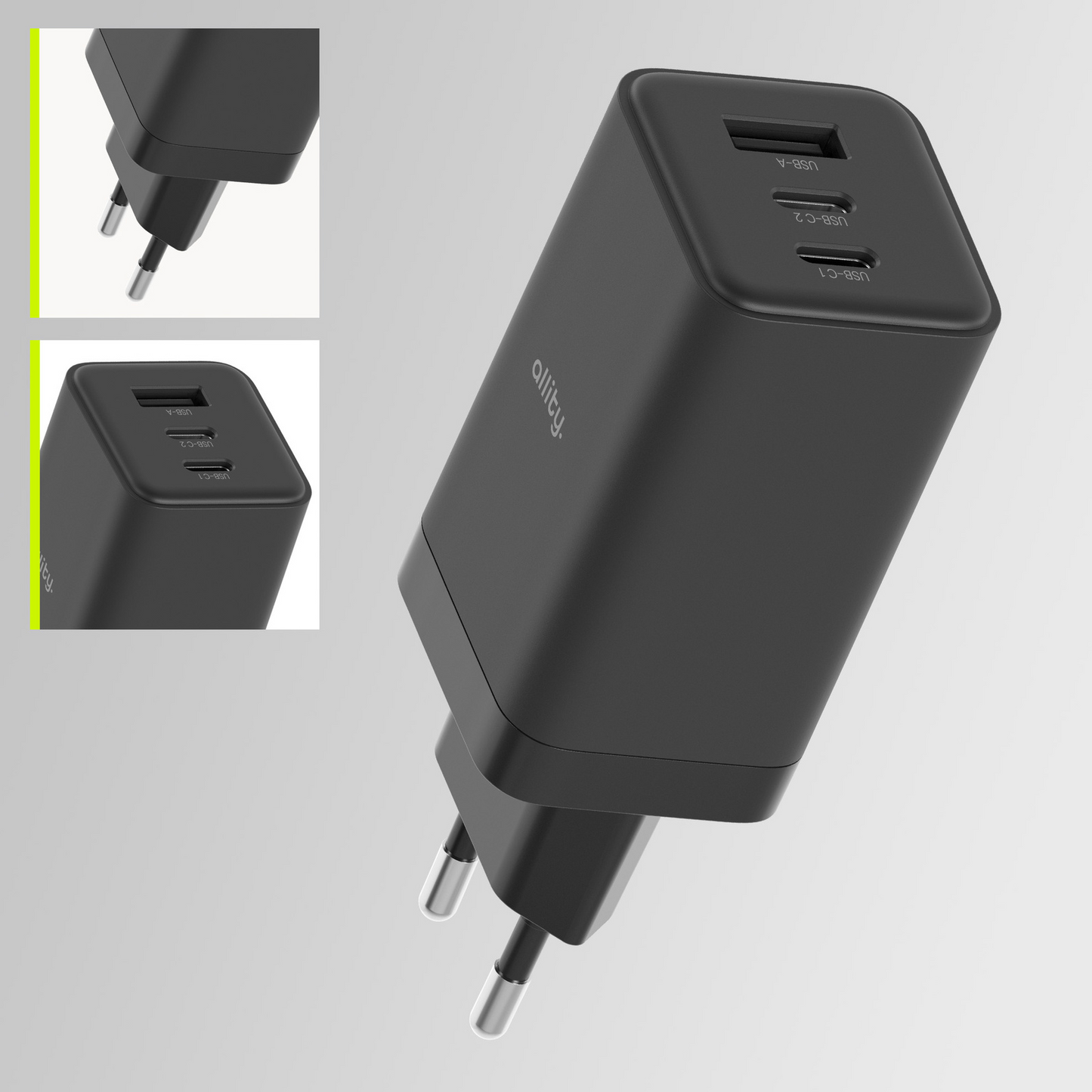 Netzladegerät Allity. ATC-01-65WACC Fast, 65W, 3.25A, 1 x USB-A - 2 x USB-C, Schwarz