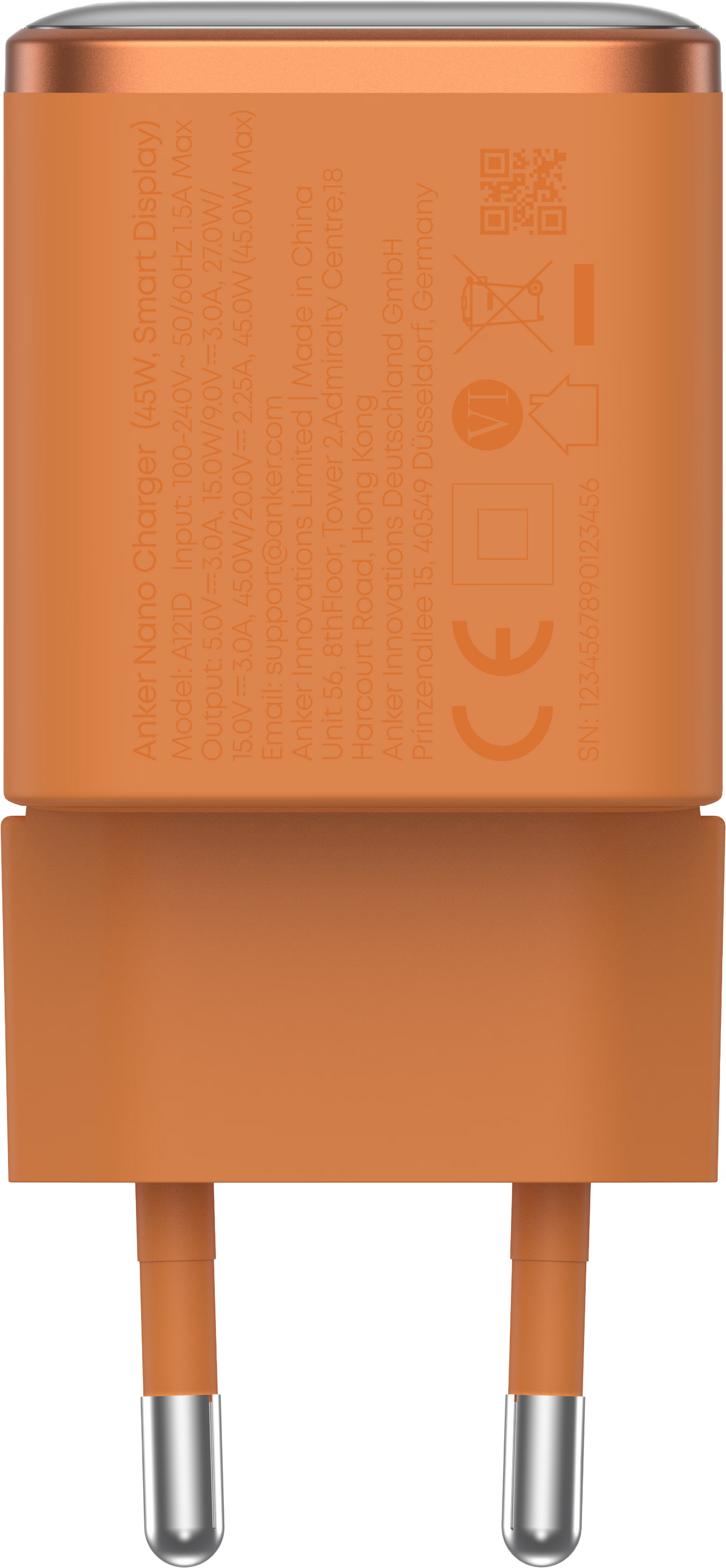 Anker Nano Display Netzladegerät, 45W, 3A, 1 x USB-C, Orange A121DGO1