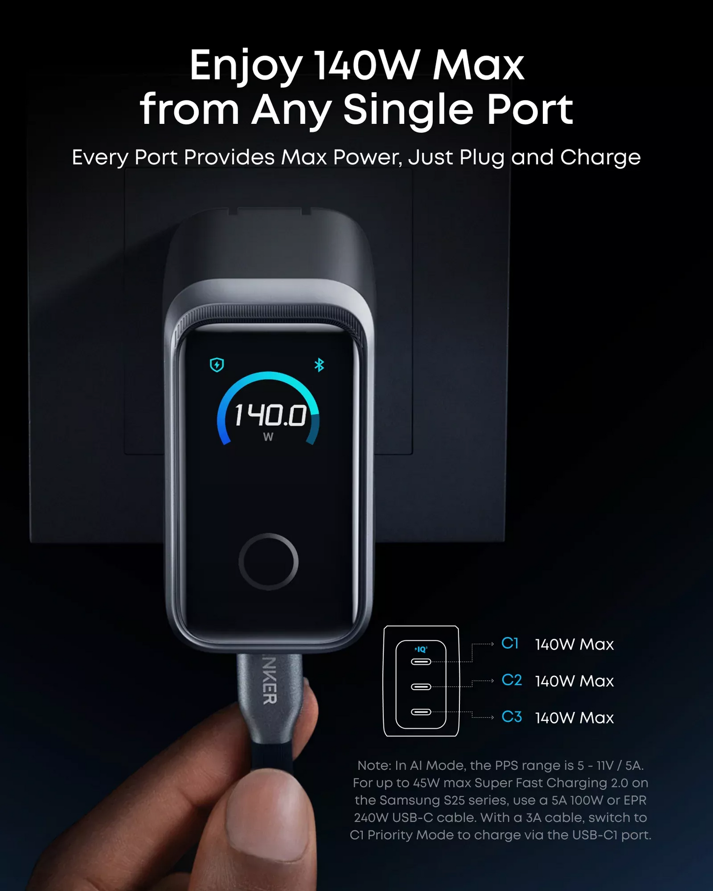 Anker Prime Netzladegerät, 160W, 5.36A, 3 x USB-C, Grau A2687341