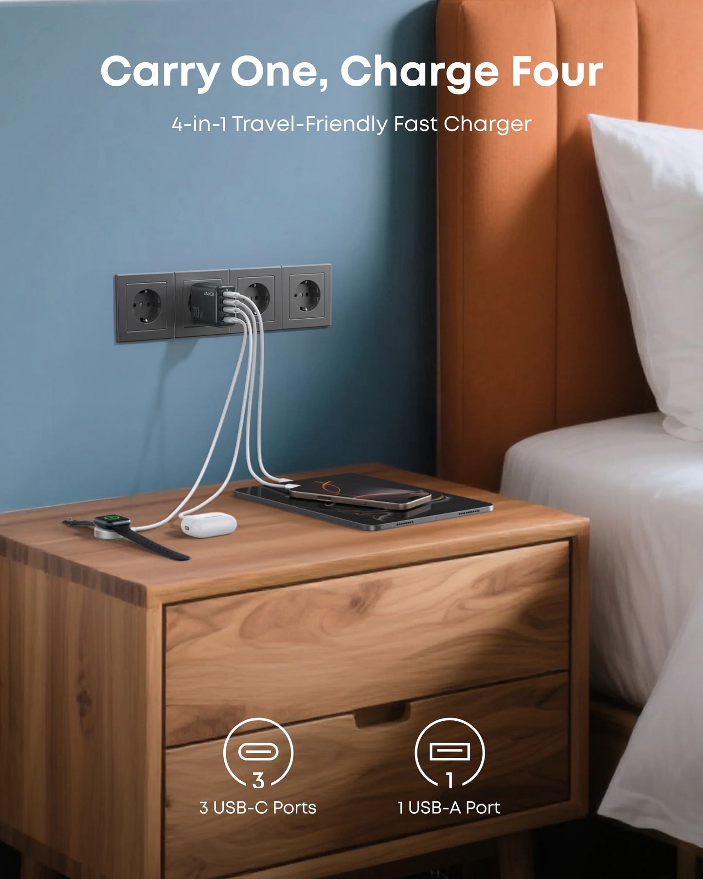 Anker Zolo Netzladegerät, 70W, 1 x USB-A - 3 x USB-C, Schwarz A121CG11