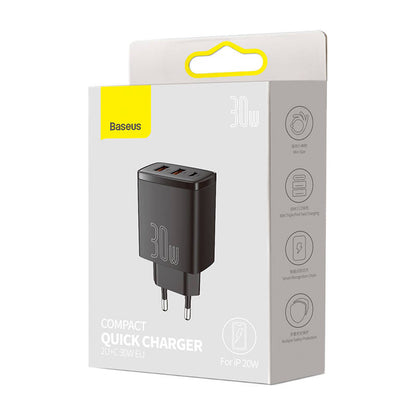 Baseus Kompaktes Netzwerkladegerät, 30 W, 3 A, 1 x USB-C – 2 x USB-A, Schwarz CCXJ-E01