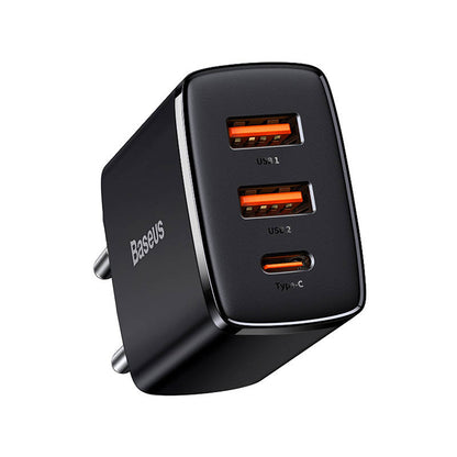 Baseus Kompaktes Netzwerkladegerät, 30 W, 3 A, 1 x USB-C – 2 x USB-A, Schwarz CCXJ-E01