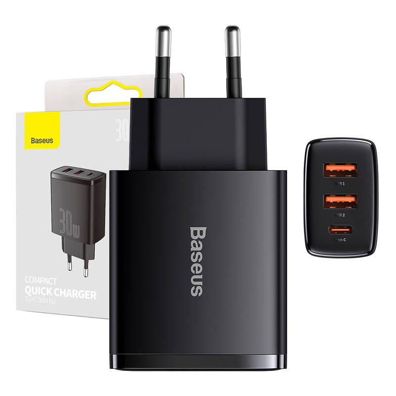 Baseus Kompaktes Netzwerkladegerät, 30 W, 3 A, 1 x USB-C – 2 x USB-A, Schwarz CCXJ-E01