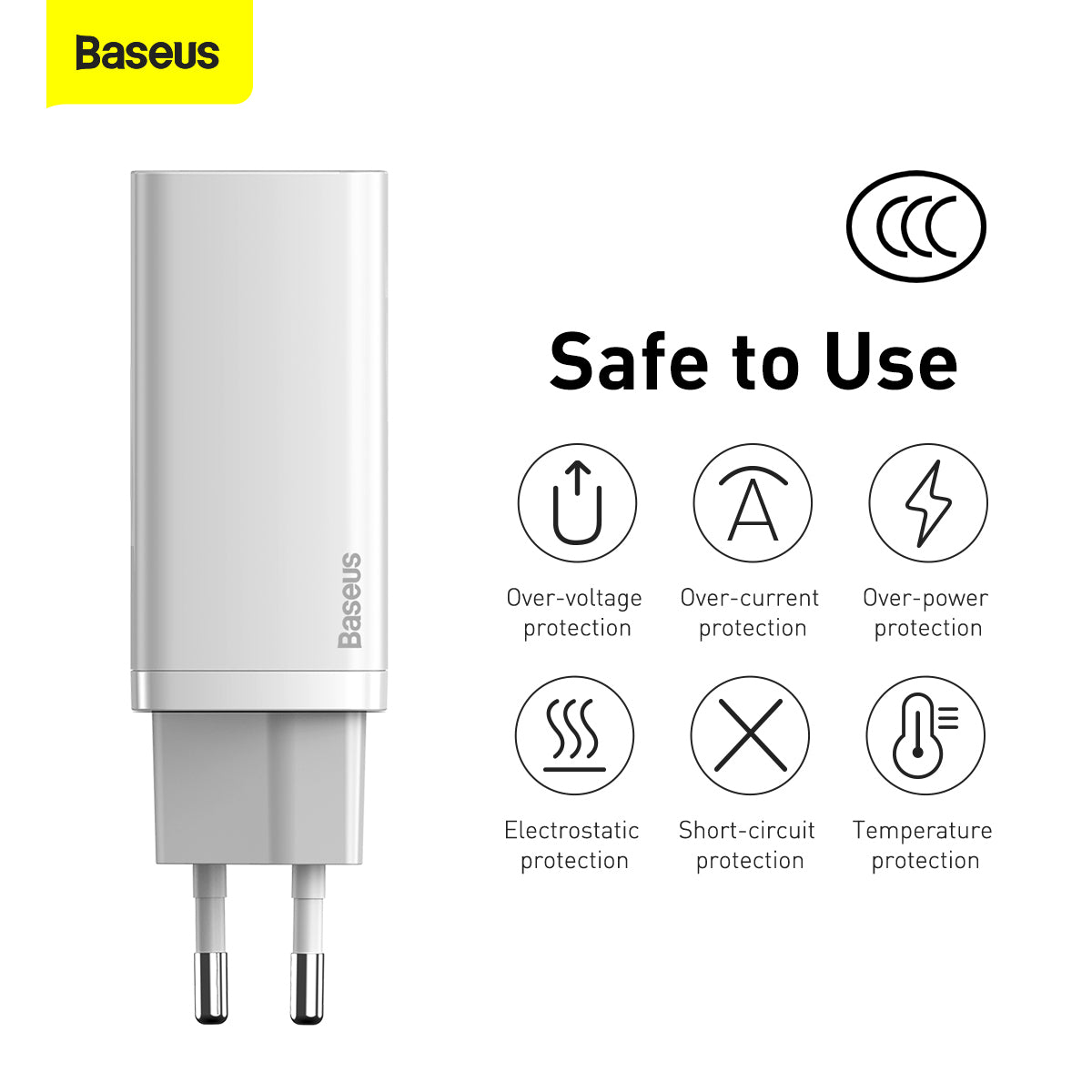 Baseus GaN2 Lite Power Adapter, 65W, 3A, 1 x USB-A - 1 x USB-C, White CCGAN2L-B02