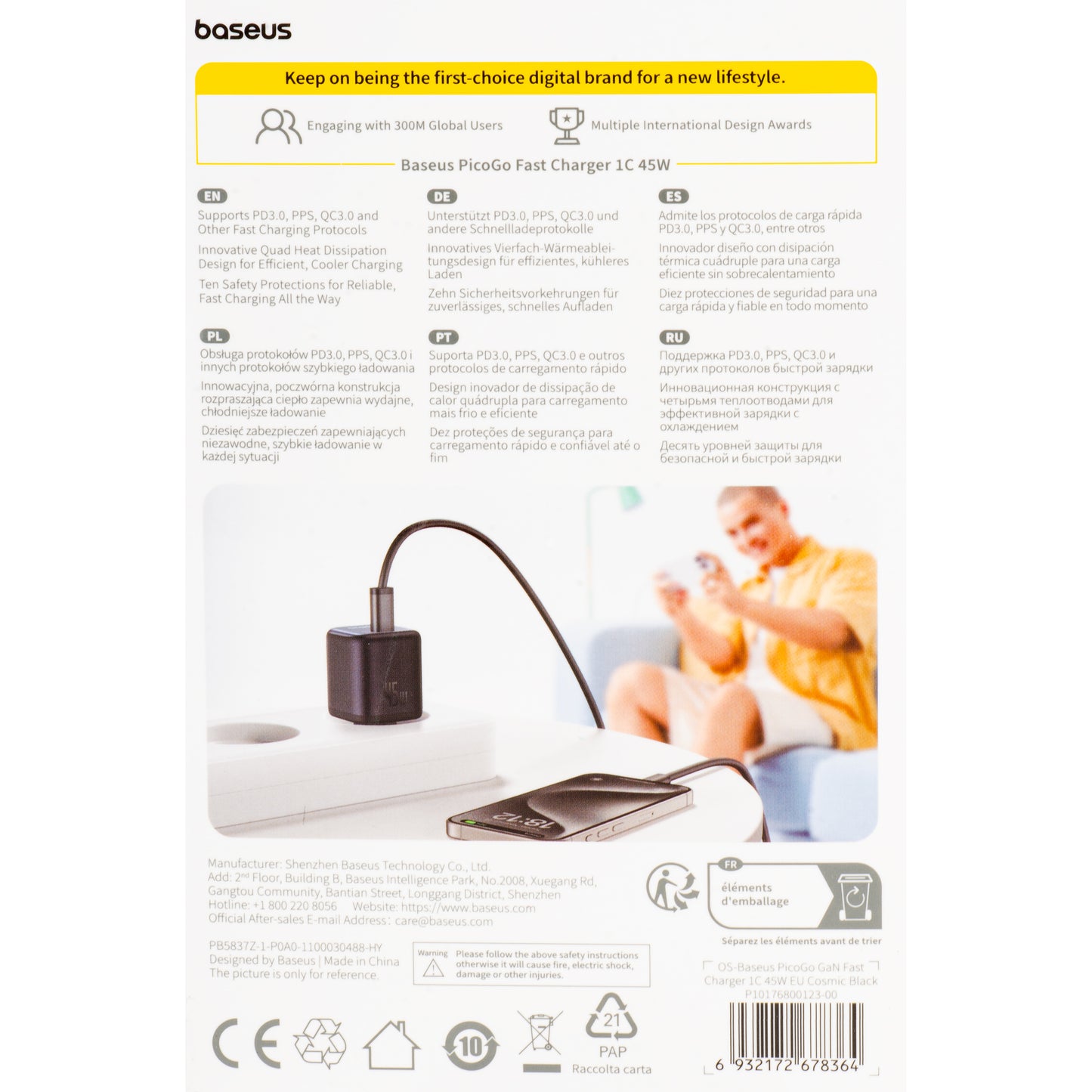 Netzladegerät Baseus PicoGo, 45W, 3A, 1 x USB-C, Schwarz P10176800123-00