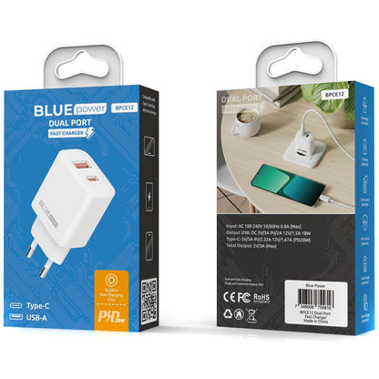 Blue Power BPCE12 Power Adapter, 20W, 3A, 1 x USB-A - 1 x USB-C, White