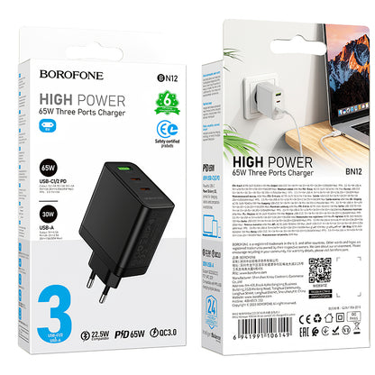 Borofone BN12 Network Charger, 65W, 5A, 1 x USB-A - 2 x USB-C, Black