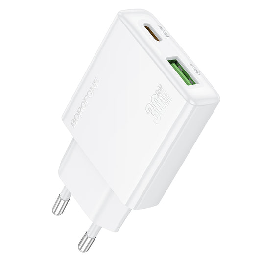 Network Charger Borofone BN25 Wish, 30W, 3A, 1 x USB-A - 1 x USB-C, White 